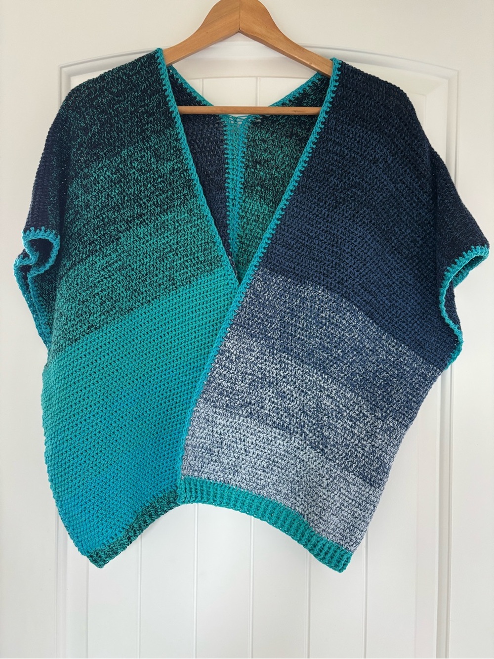 Knit Open-Front Cardigan Sweater | Blue & Teal Colour Block | Short Sleeve